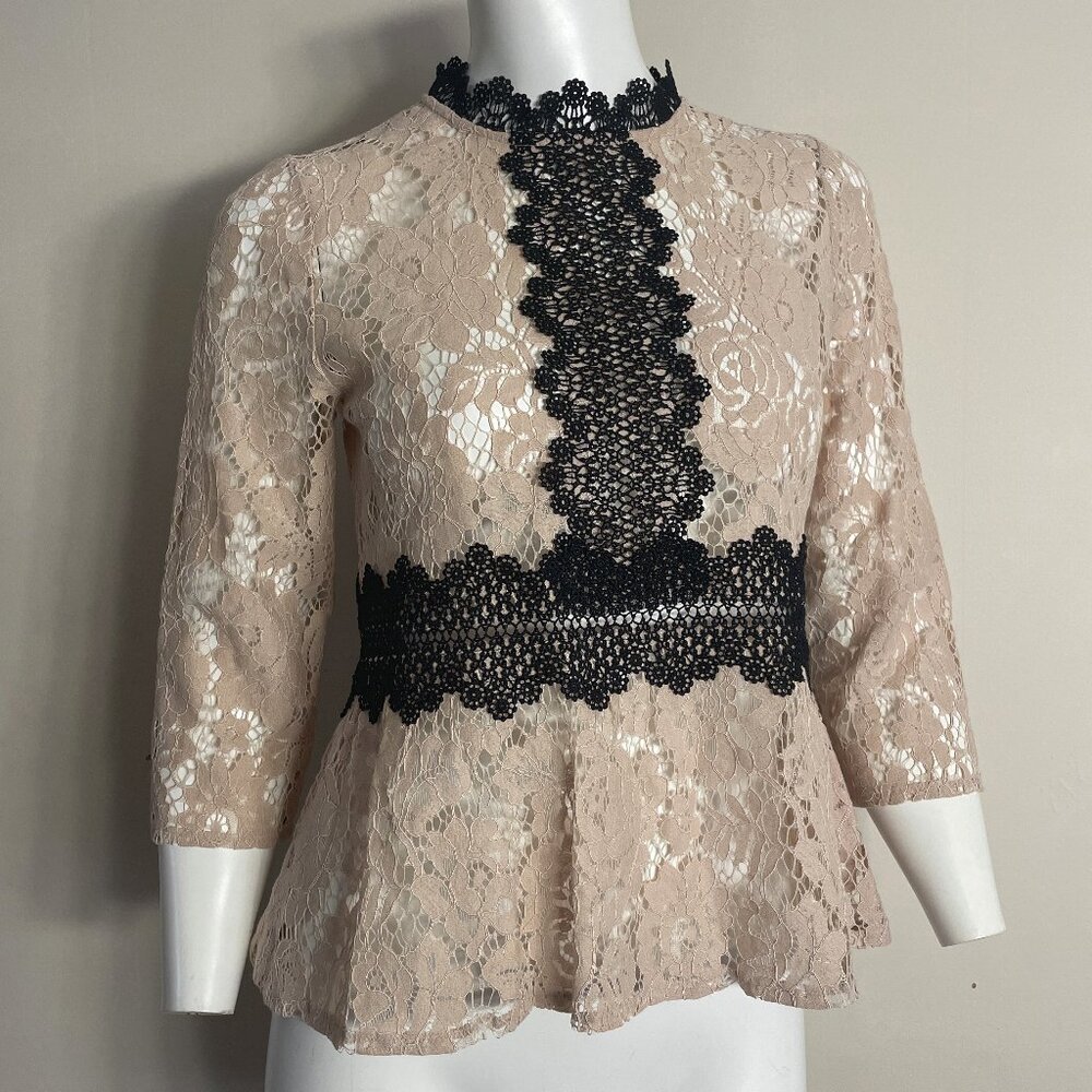 ZARA Lace Sheer Top XS Beige Black Floral High Neck Victorian Romantic Boho Lacy